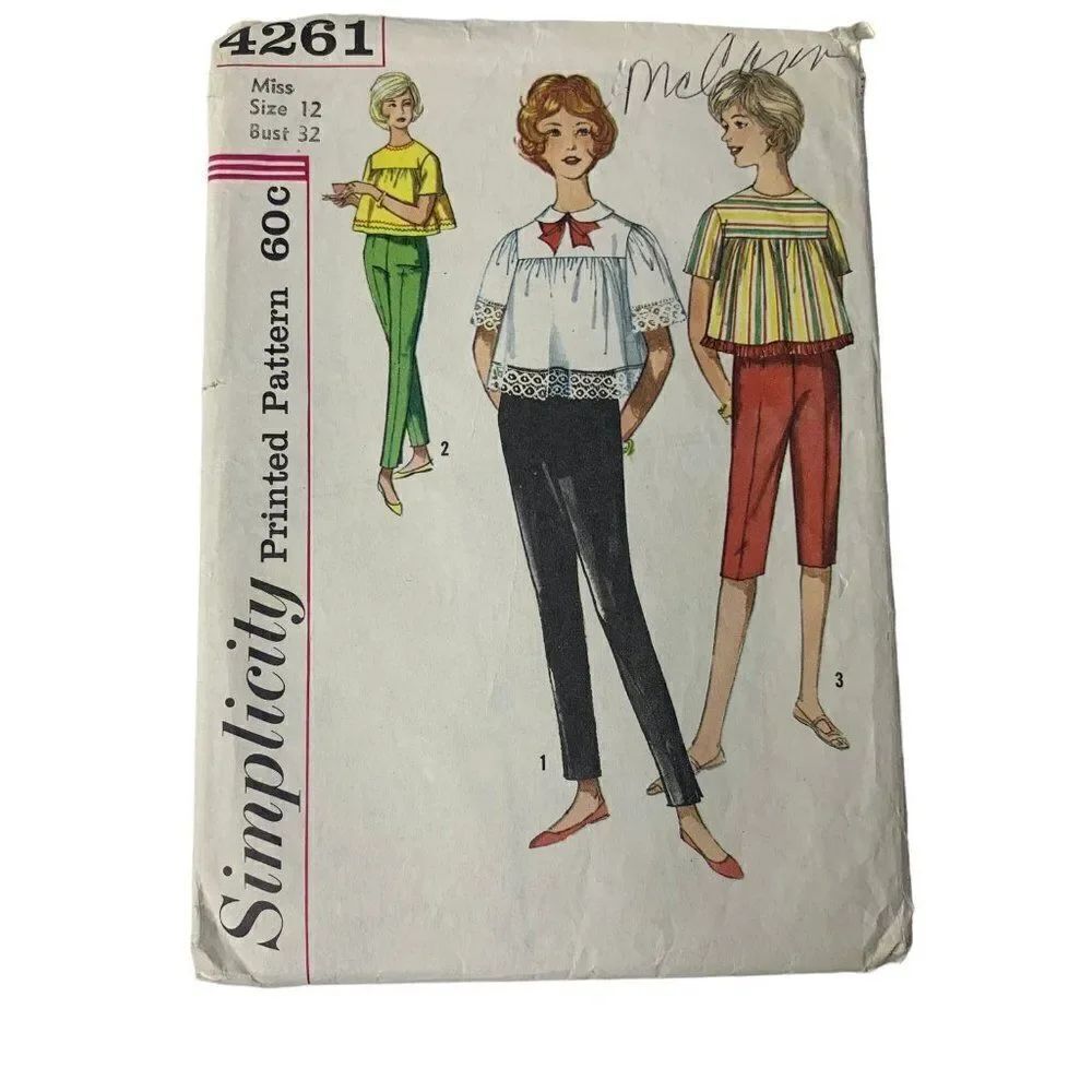 Vintage Simplicity 4261 Pattern Juniors Misses 9-16 Tapered Pants Capri Top Cut